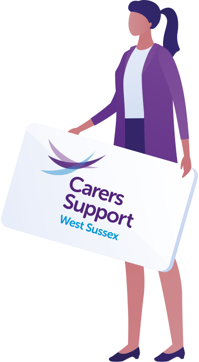Illustration of woman in purple jacket holding Carers Support card