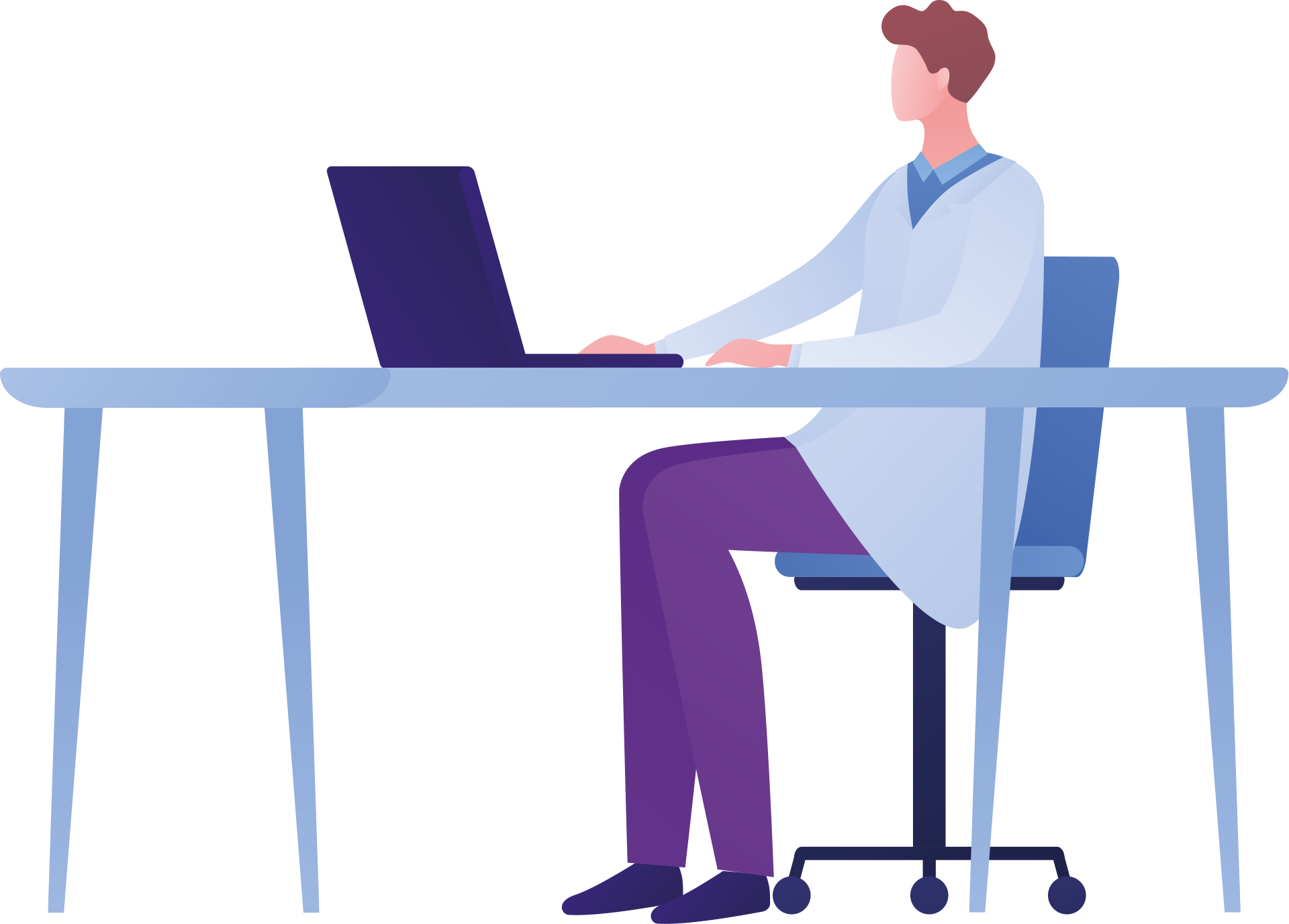 Illustration of doctor sitting at desk with open laptop
