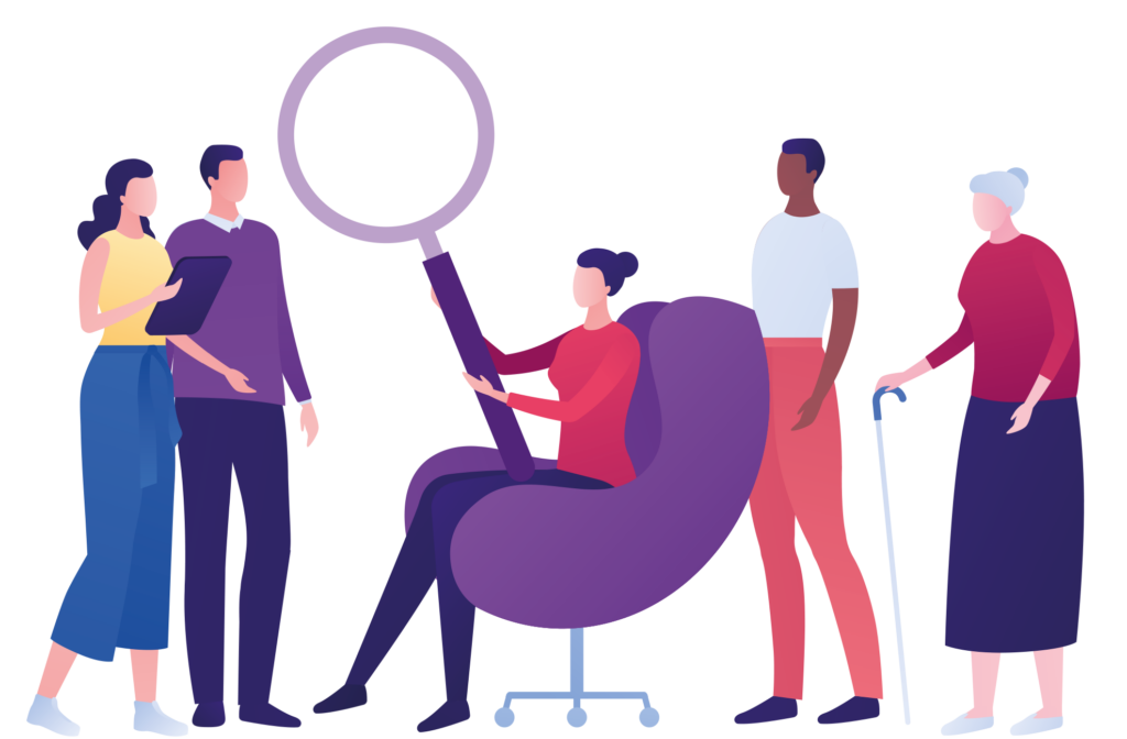 Illustration on people surrounding a woman sitting in a purple chair while she holds an oversized magnifying glass