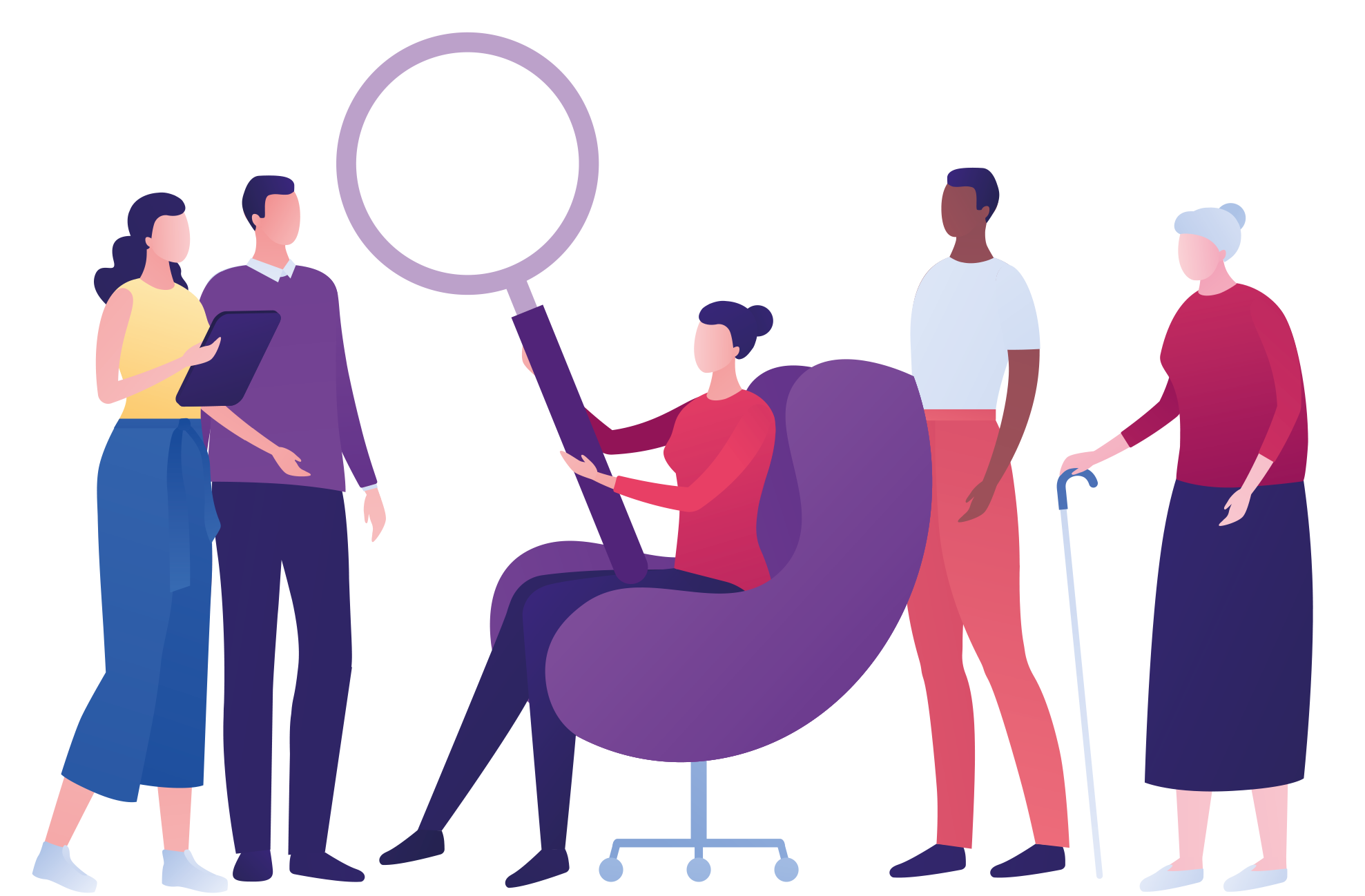 Illustration on people surrounding a woman sitting in a purple chair while she holds an oversized magnifying glass