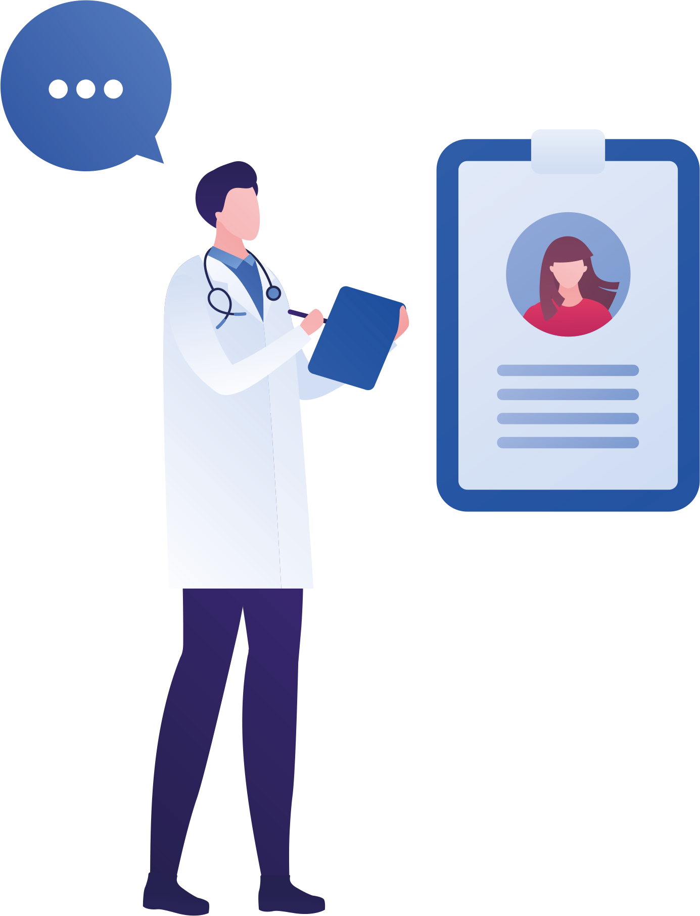 Doctor with clipboard and speech bubble over head beside patient details