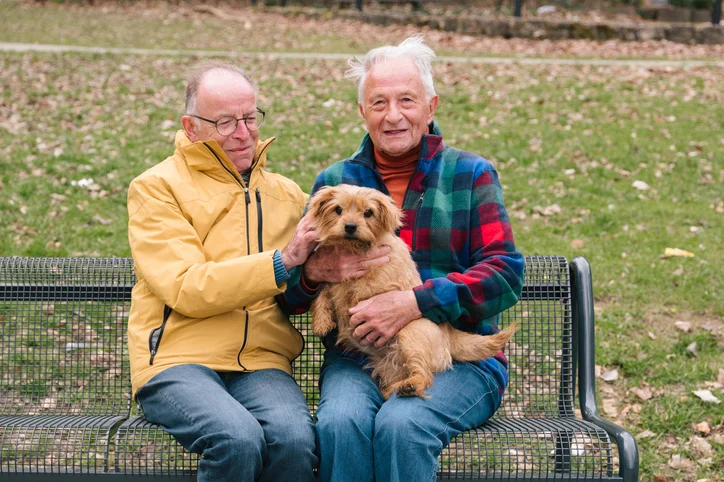 elderly couple on bench with dog