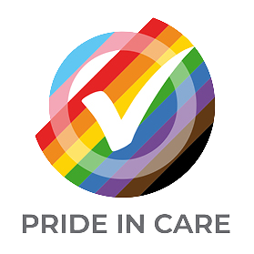 Pride in care logo with rainbow colours
