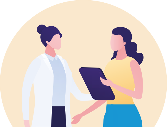 Illustration of doctor talking to woman holding tablet