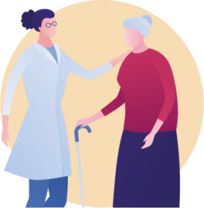 Illustration of doctor supportive talking with elderly lady with walking stick