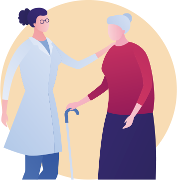 Illustration of doctor supportive talking with elderly lady with walking stick