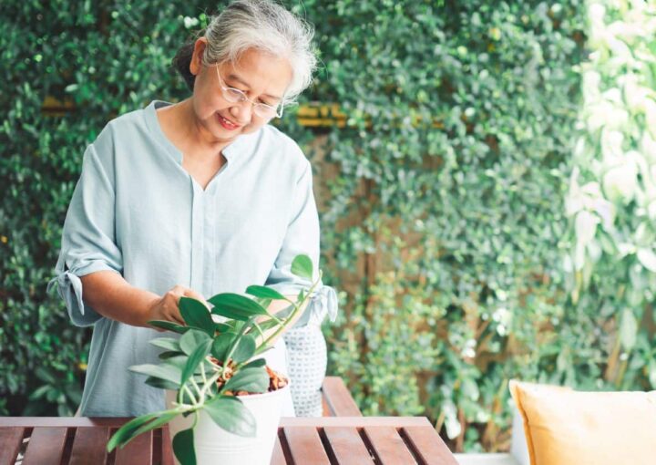 Older woman tending to a plant