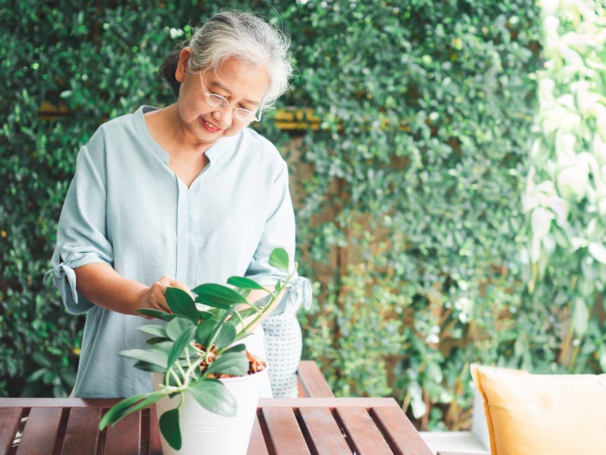 Older woman tending to a plant
