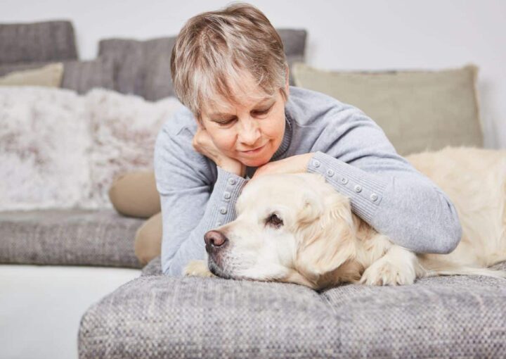 Woman pets a dog