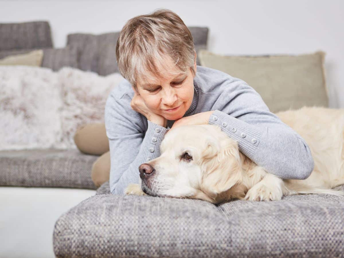 Woman pets a dog