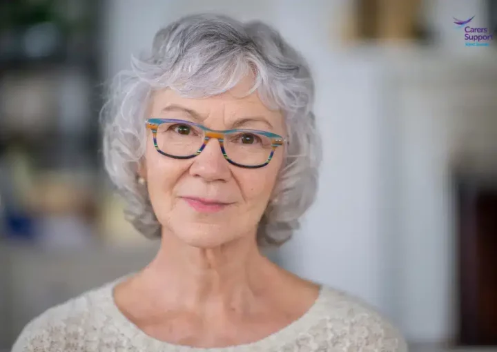older woman looking at camera smiling
