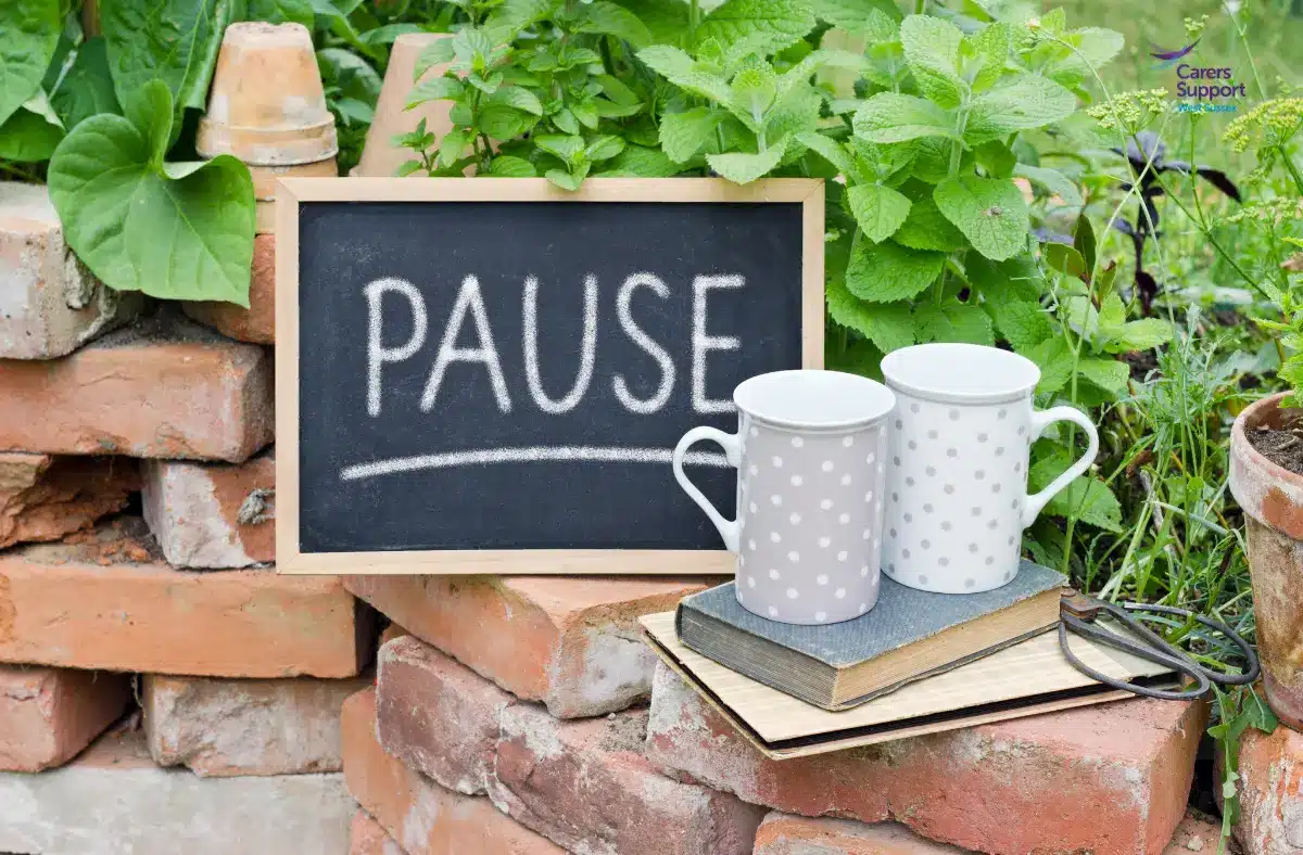 Two mugs in the garden with pause sign
